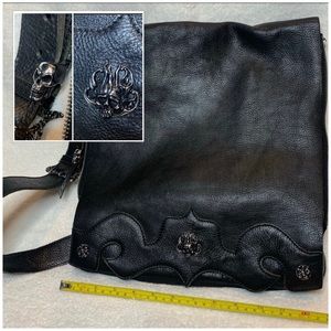 Black Leather Messenger Bag with Skull details